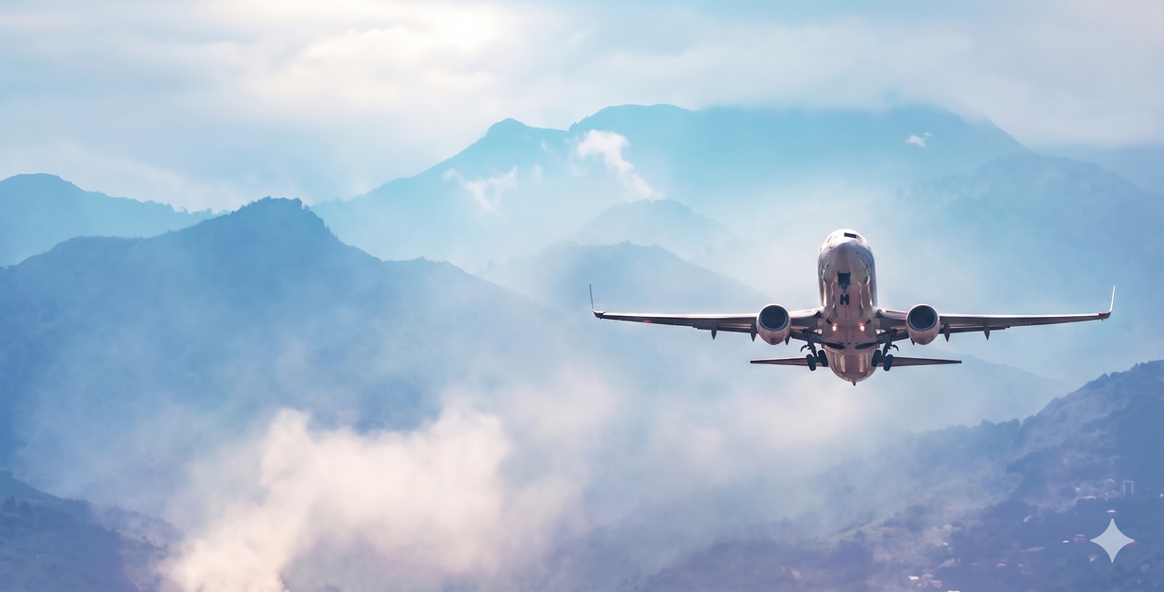 Stock plane flying through mountains