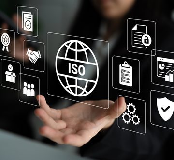 A businessman interacts with floating ISO standard icons in a modern corporate workspace, illustrating the importance of quality management and digital solutions for business success.