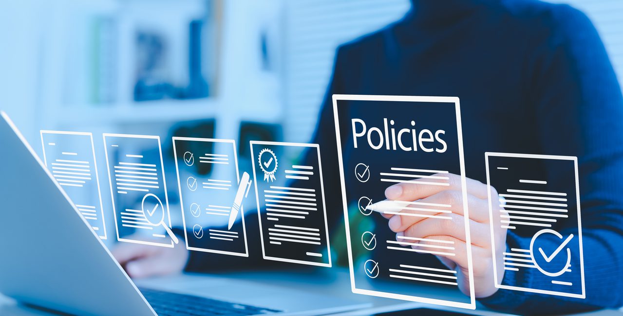 Policy documentation and compliance concept. Businesswoman reviews digital document Policies with icons, checklists, certifications, and financial detail. policy management, regulatory compliance,