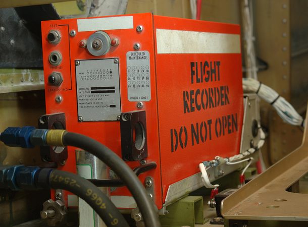 Christchurch, New Zealand, January 17, 2007: The so-called Black Box - a flight recorder in position in a commercial aircraft